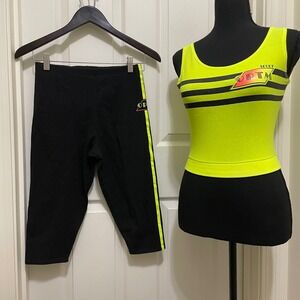 Vintage OPTM Sport Aerobics Set Cropped Tank & Capri Leggings 80s 90s Neon Small